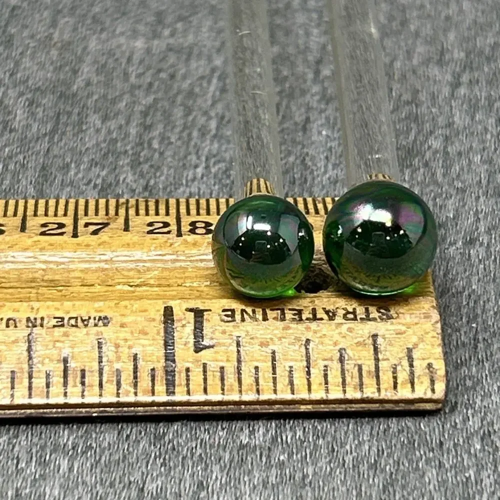VTG Two Glass Stir Sticks Round Green Carnival Glass Ball Clear Swizzle Rods 7